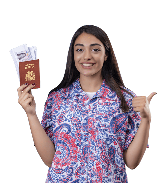 Mujer sonriente sostiene pasaporte español y billetes de euro mientras hace gesto de aprobación, con fondo transparente.