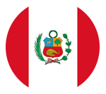 Bandera de Perú en forma circular con franjas verticales rojas y blanca y escudo nacional en el centro.