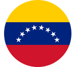 Bandera de Venezuela en forma circular con franjas amarilla, azul y roja y arco de estrellas blancas en el centro.